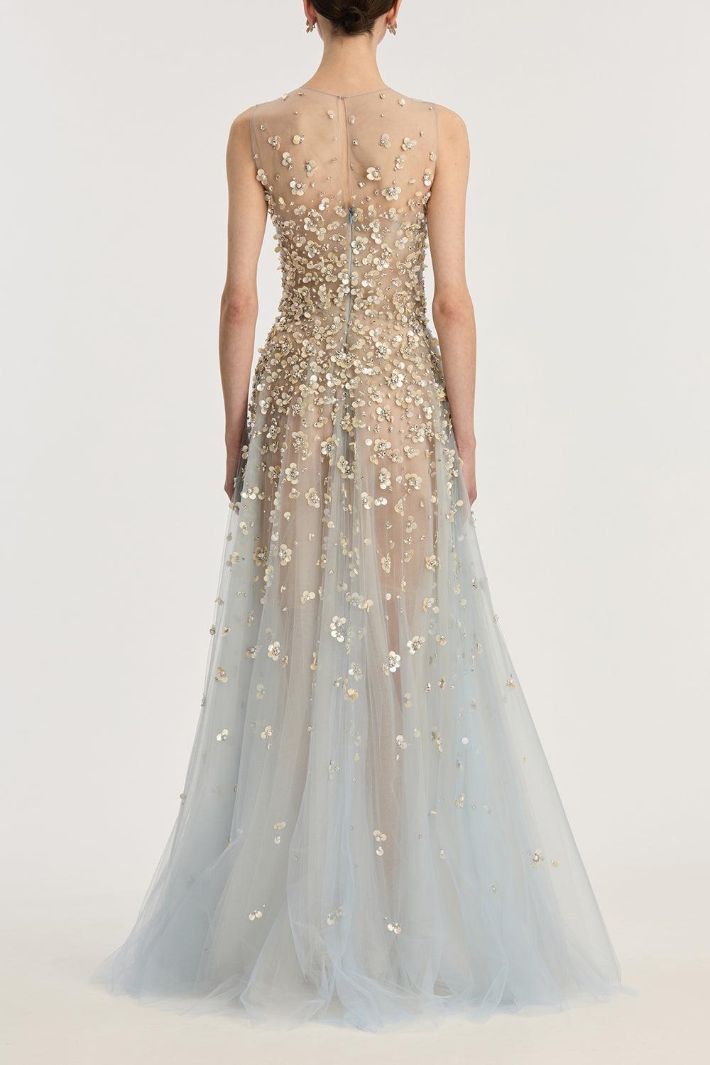 Sleeveless Mother of Pearl Embroidered Gown-SKY-6-CLOTHINGDRESSGOWN-OSCAR DE LA RENTA