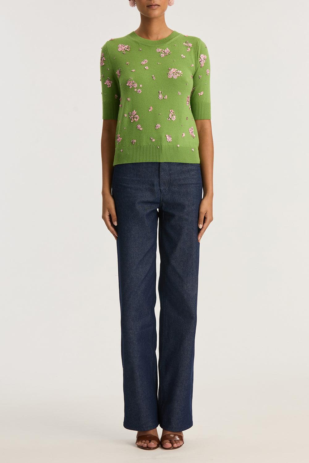 Cluster Embroidered Short Sleeve Pullover-GRN/PINK-S-CLOTHINGTOPKNITS-OSCAR DE LA RENTA