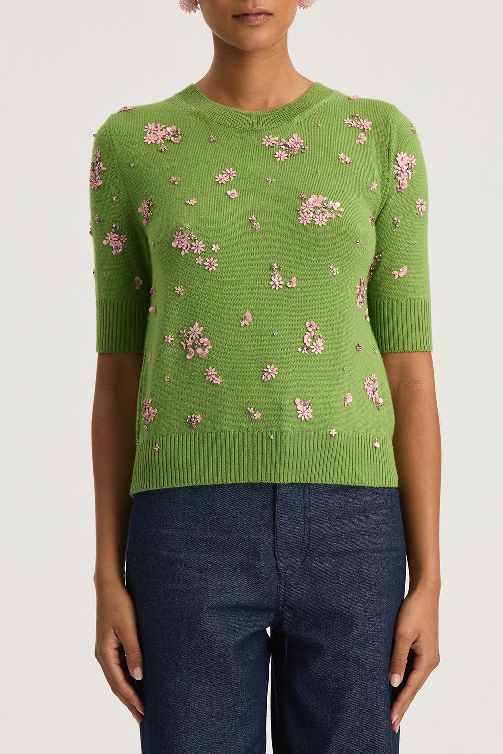 Cluster Embroidered Short Sleeve Pullover-GRN/PINK-S-CLOTHINGTOPKNITS-OSCAR DE LA RENTA
