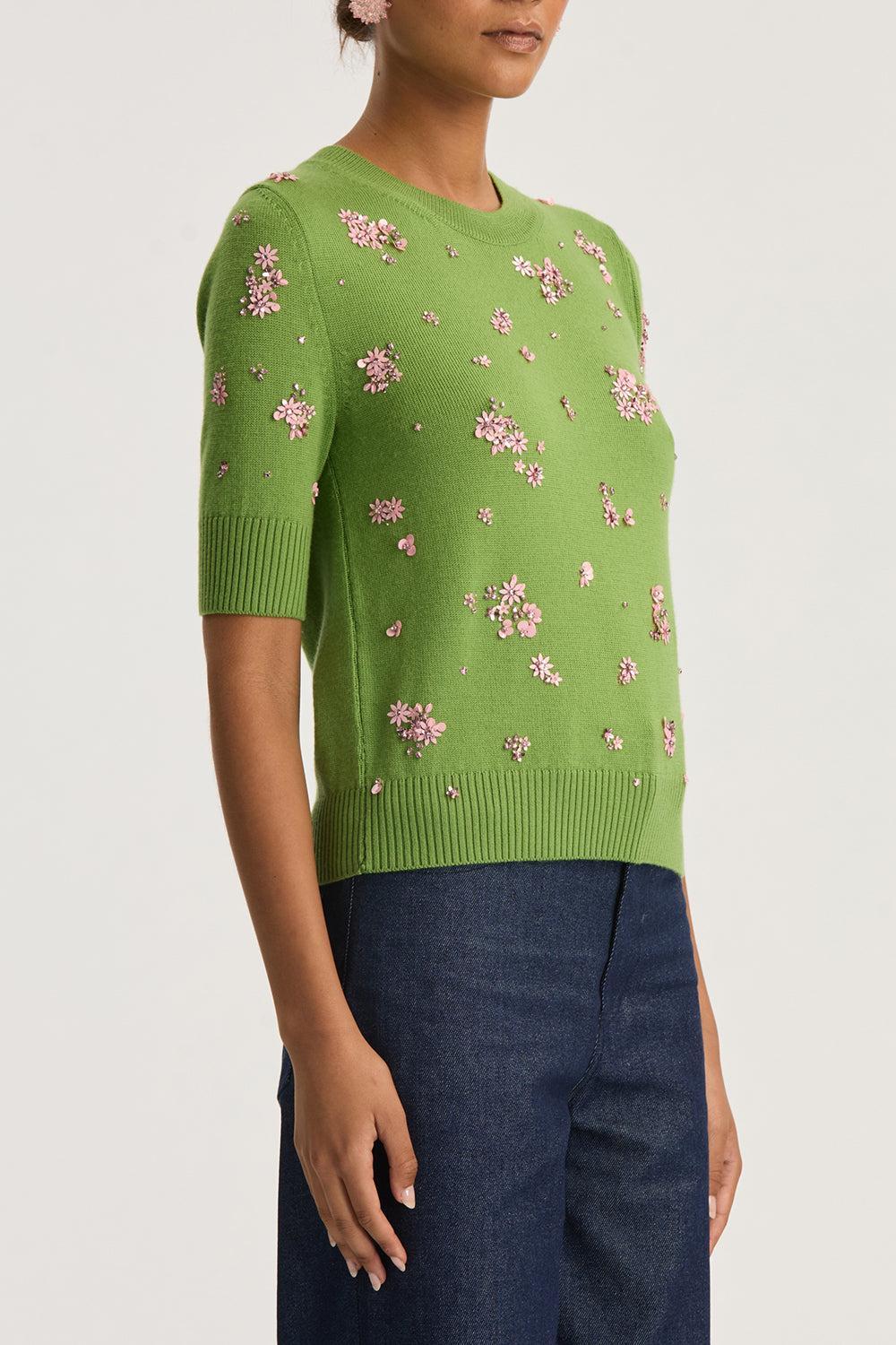 Cluster Embroidered Short Sleeve Pullover-GRN/PINK-S-CLOTHINGTOPKNITS-OSCAR DE LA RENTA