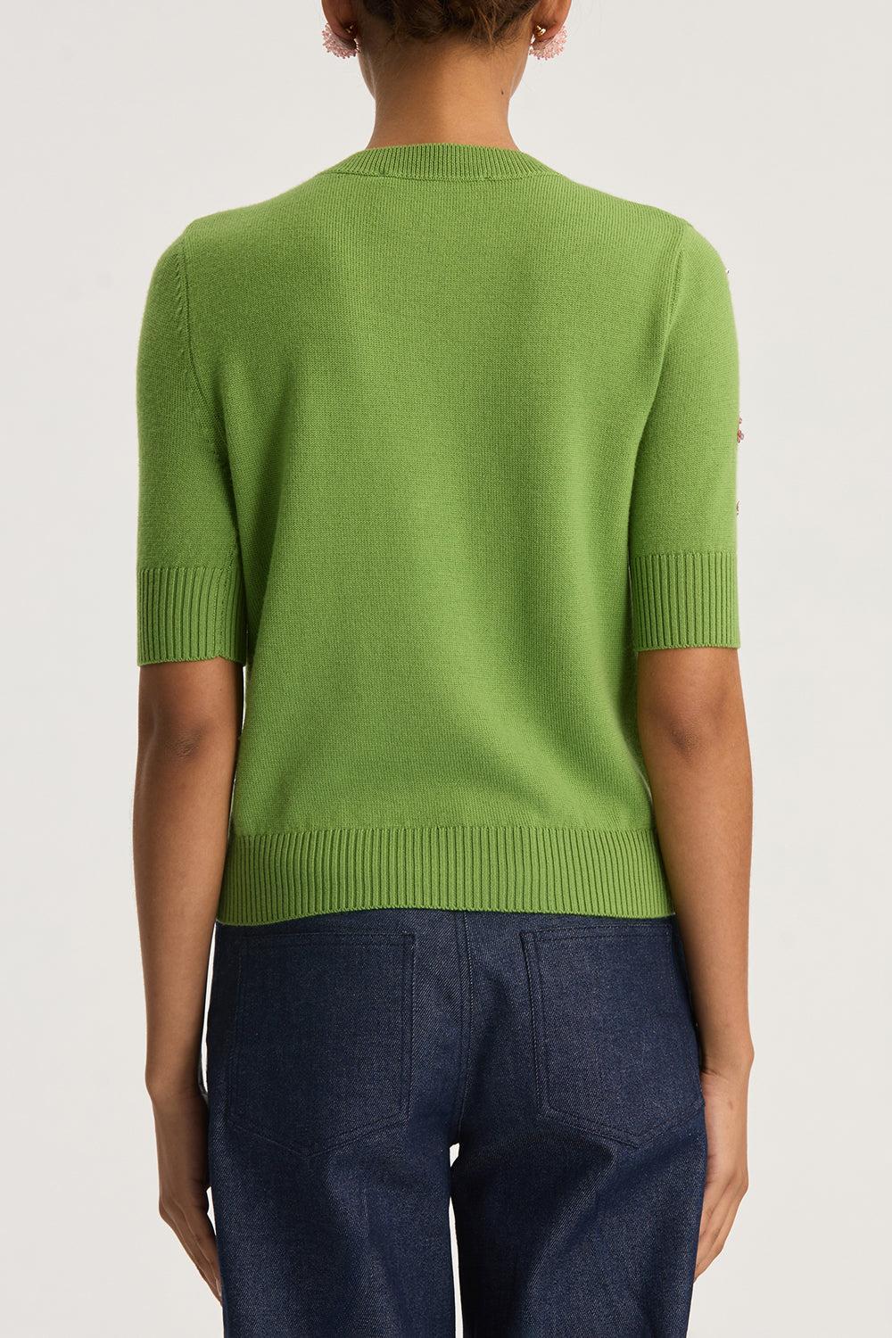 Cluster Embroidered Short Sleeve Pullover-GRN/PINK-S-CLOTHINGTOPKNITS-OSCAR DE LA RENTA