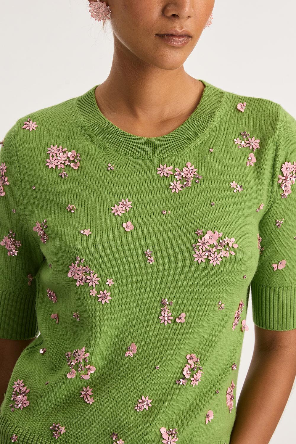 Cluster Embroidered Short Sleeve Pullover-GRN/PINK-S-CLOTHINGTOPKNITS-OSCAR DE LA RENTA