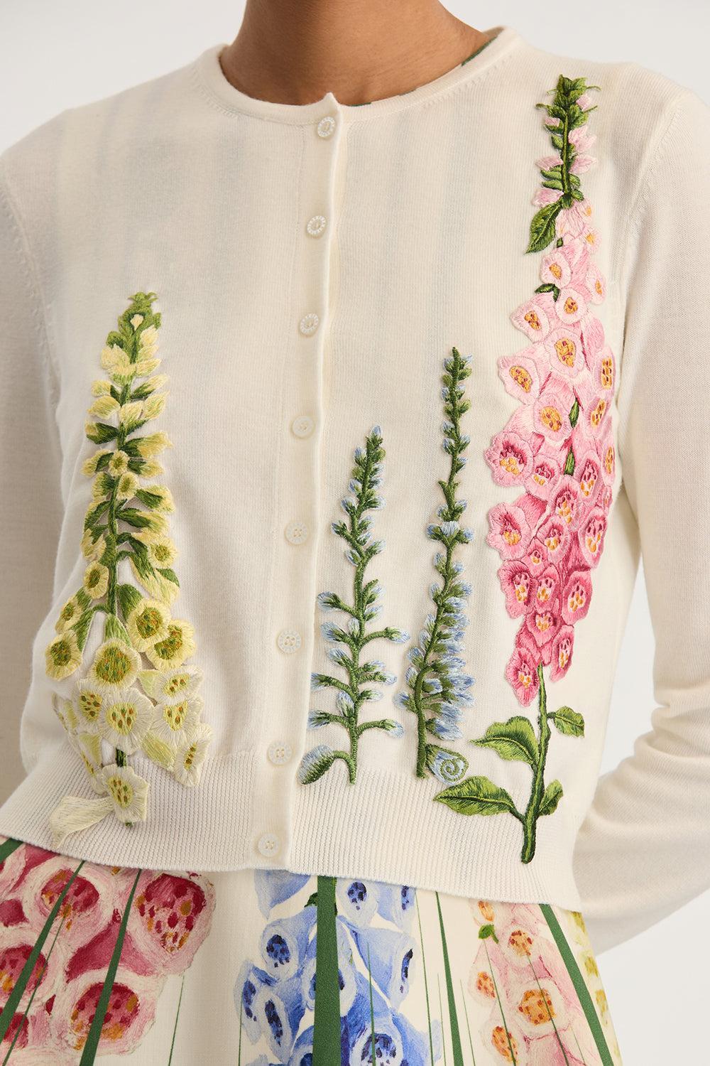 Foxgloves Embroidered Cardigan-IVORY-XS-CLOTHINGTOPCARDIGAN-OSCAR DE LA RENTA