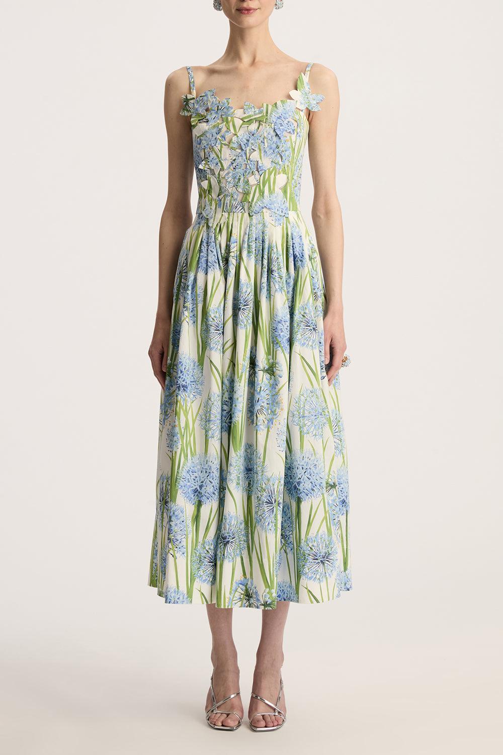 Sleeveless Alliums Embroidered Dress-BLUE/WHITE-2-CLOTHINGDRESSCASUAL-OSCAR DE LA RENTA