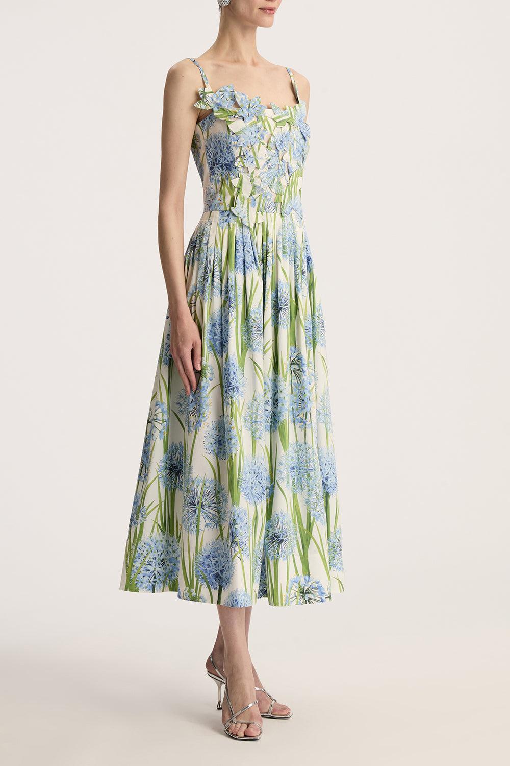 Sleeveless Alliums Embroidered Dress-BLUE/WHITE-2-CLOTHINGDRESSCASUAL-OSCAR DE LA RENTA