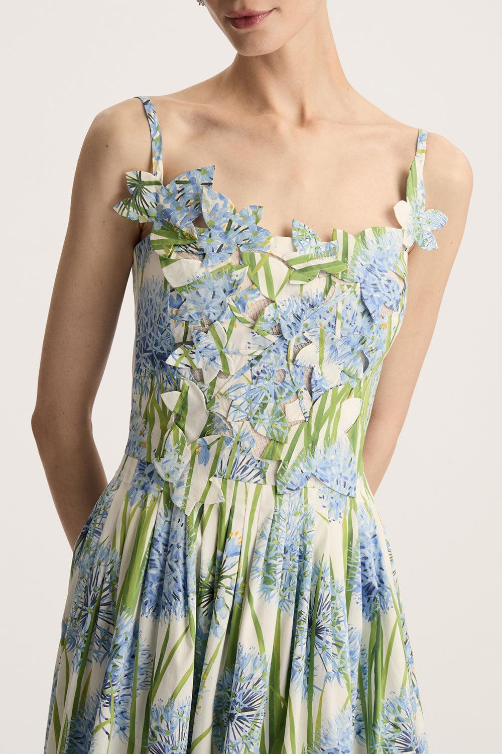 Sleeveless Alliums Embroidered Dress-BLUE/WHITE-2-CLOTHINGDRESSCASUAL-OSCAR DE LA RENTA