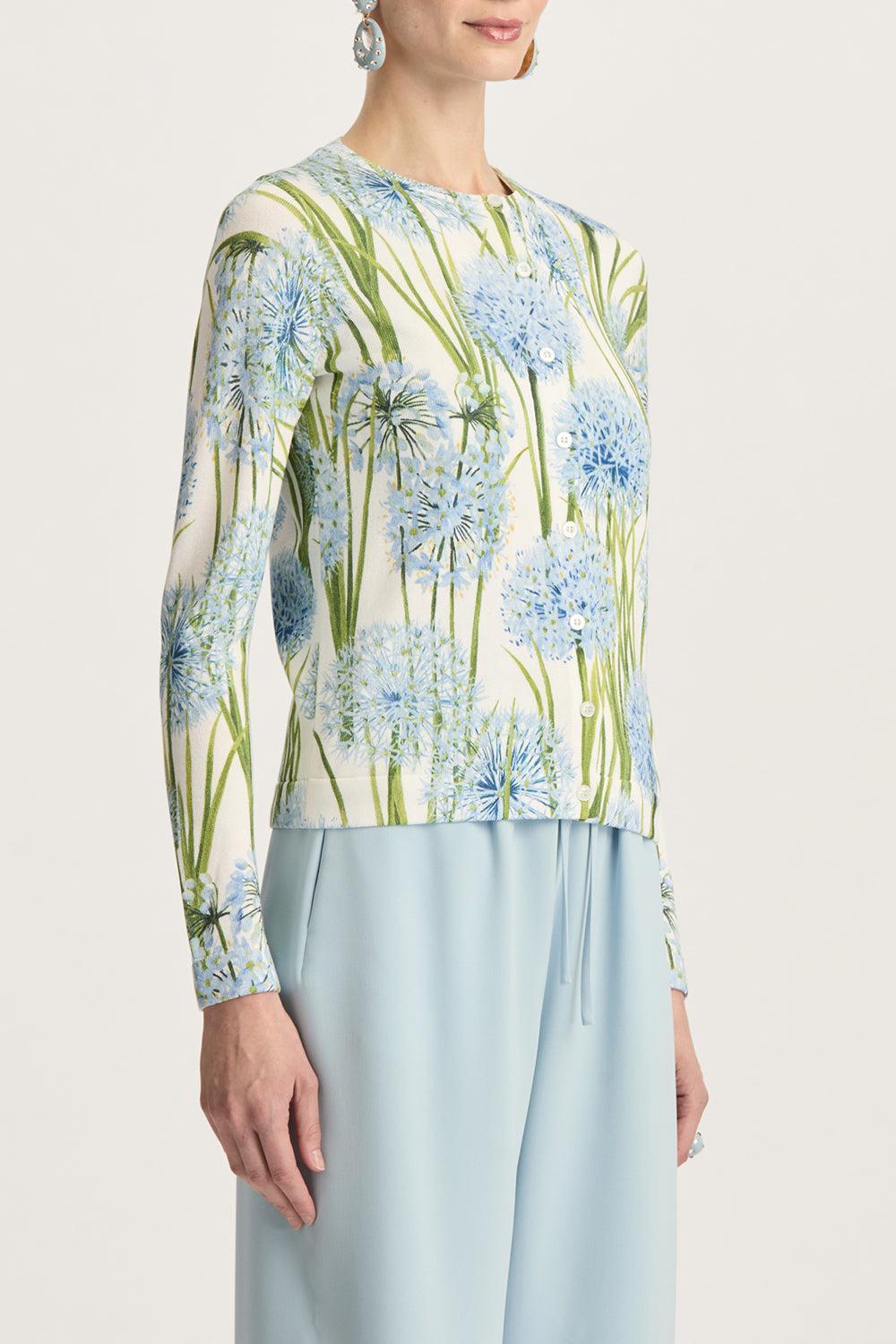 Long Sleeve Printed Allium Cardigan-BLUE/WHITE-XS-CLOTHINGTOPCARDIGAN-OSCAR DE LA RENTA