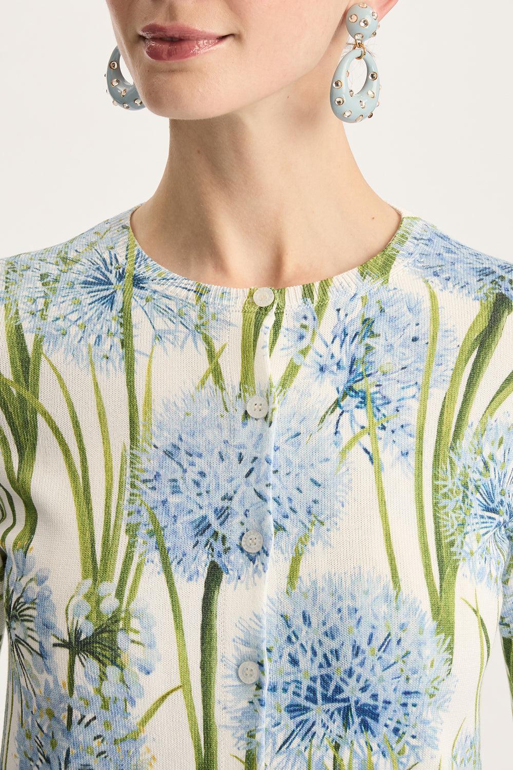 Long Sleeve Printed Allium Cardigan-BLUE/WHITE-XS-CLOTHINGTOPCARDIGAN-OSCAR DE LA RENTA