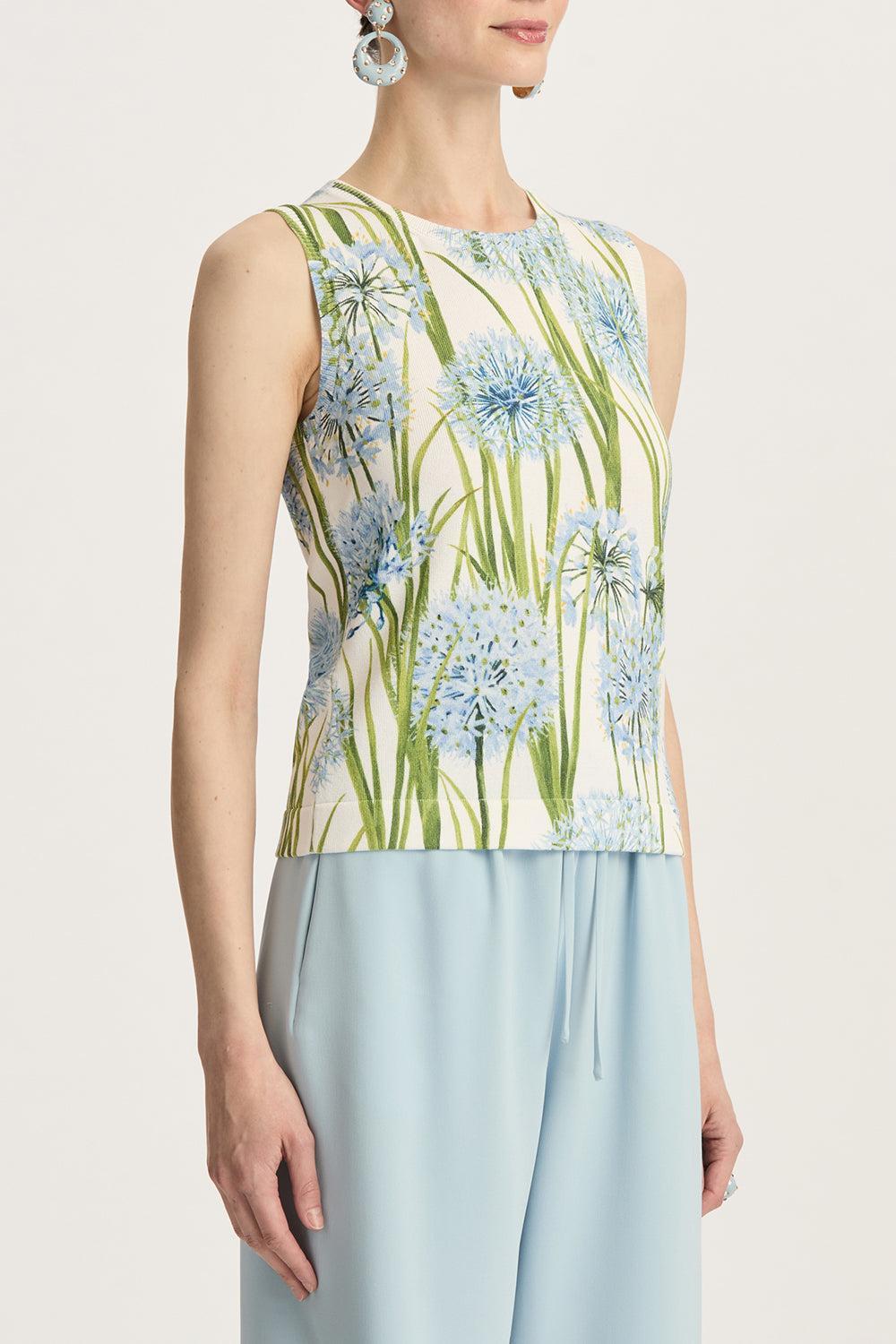 Printed Allium Knit Tank-BLUE/WHITE-S-CLOTHINGTOPTANK-OSCAR DE LA RENTA