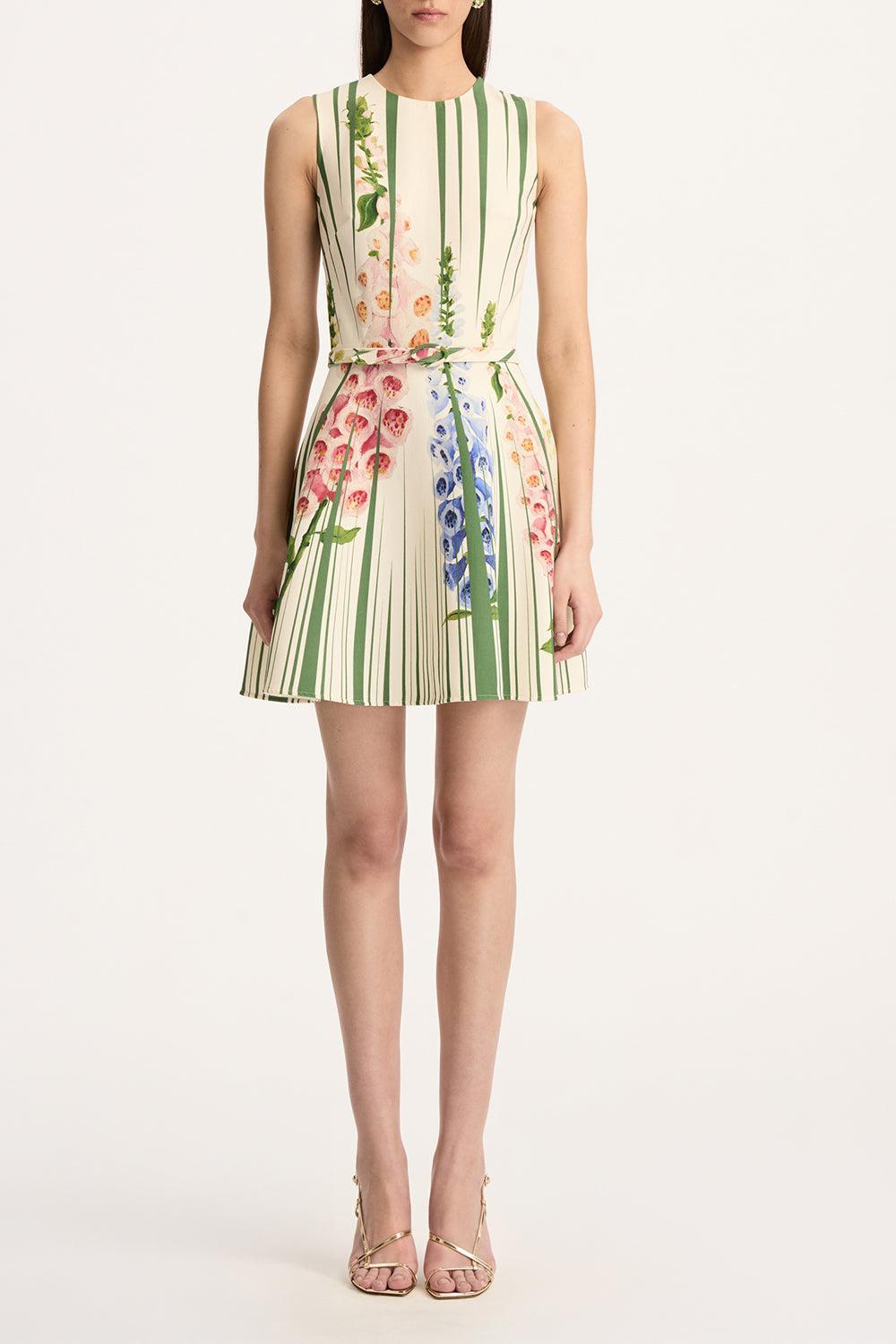 Sleeveless Pleated Foxgloves Dress-GREENMLT-2-CLOTHINGDRESSCASUAL-OSCAR DE LA RENTA