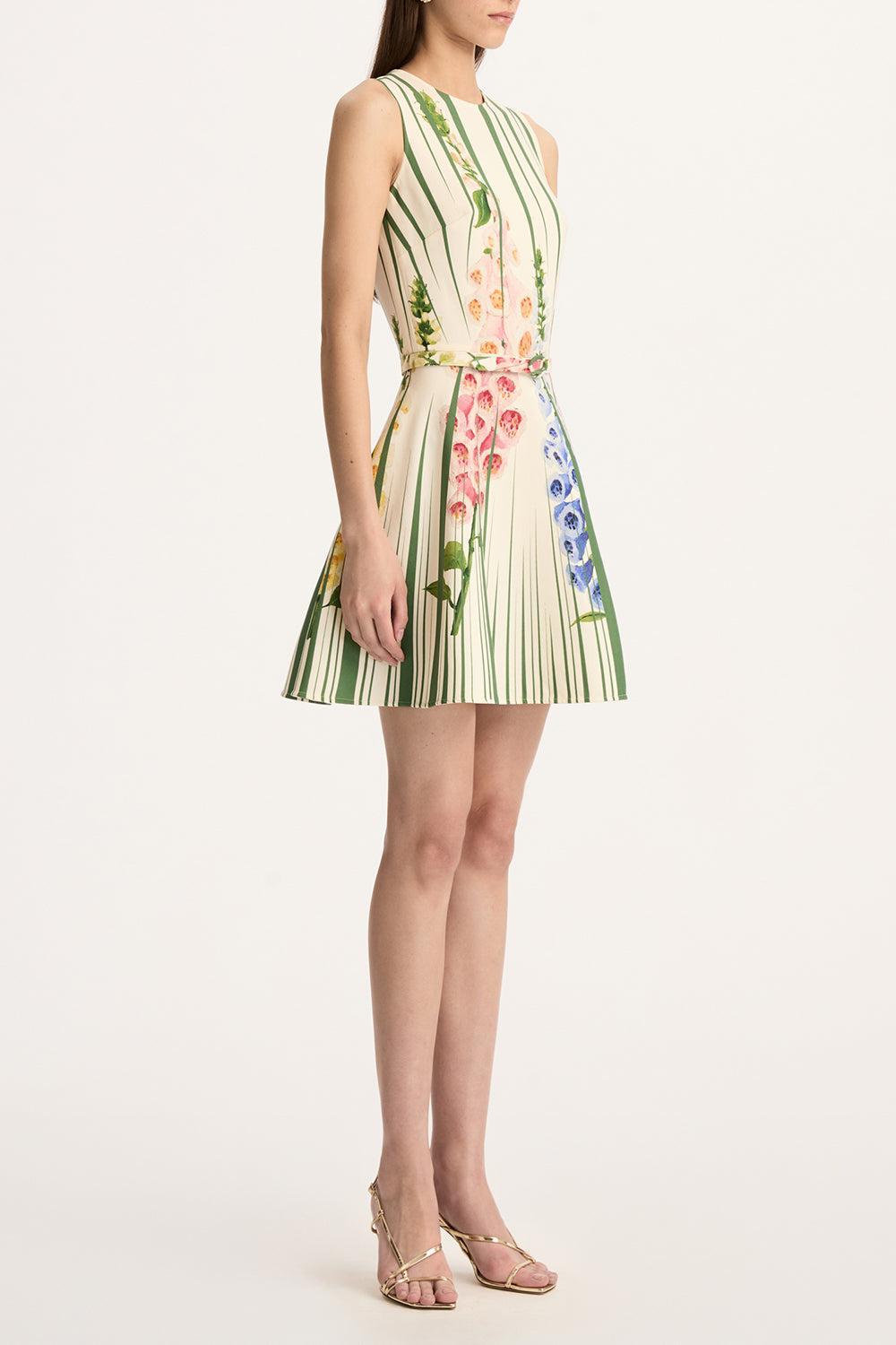 Sleeveless Pleated Foxgloves Dress-GREENMLT-2-CLOTHINGDRESSCASUAL-OSCAR DE LA RENTA