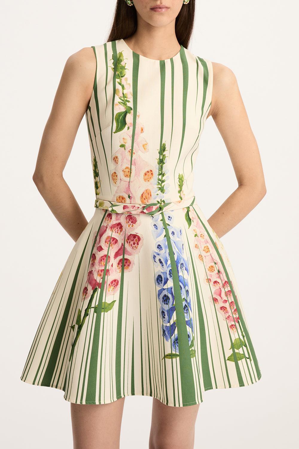 Sleeveless Pleated Foxgloves Dress-GREENMLT-2-CLOTHINGDRESSCASUAL-OSCAR DE LA RENTA