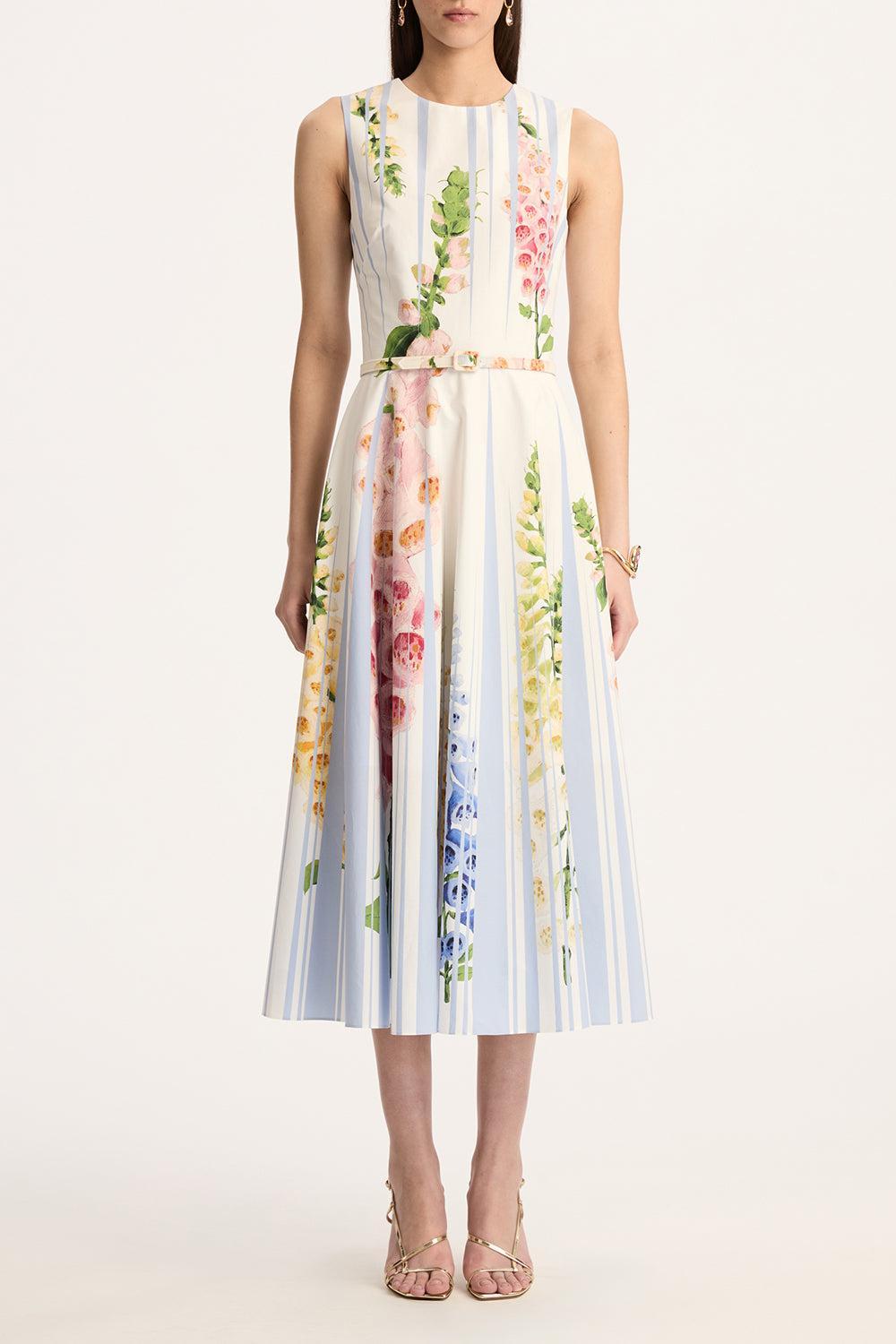 Sleeveless Pleated Foxgloves Midi Dress-LTBLUMLT-2-CLOTHINGDRESSCASUAL-OSCAR DE LA RENTA