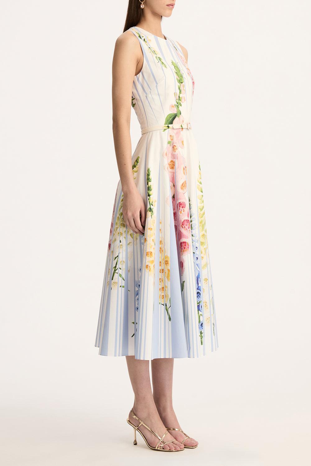 Sleeveless Pleated Foxgloves Midi Dress-LTBLUMLT-2-CLOTHINGDRESSCASUAL-OSCAR DE LA RENTA