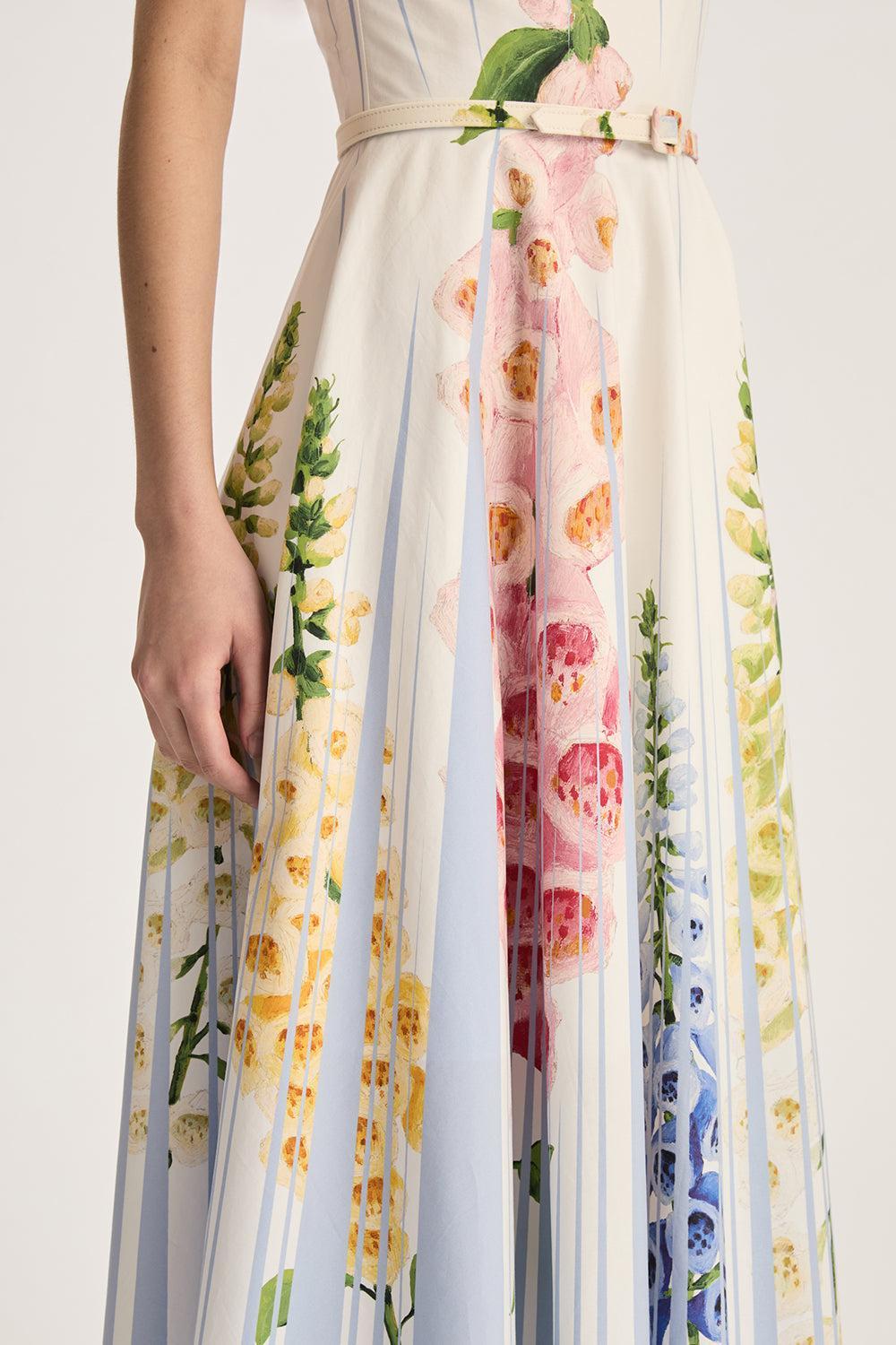 Sleeveless Pleated Foxgloves Midi Dress-LTBLUMLT-2-CLOTHINGDRESSCASUAL-OSCAR DE LA RENTA