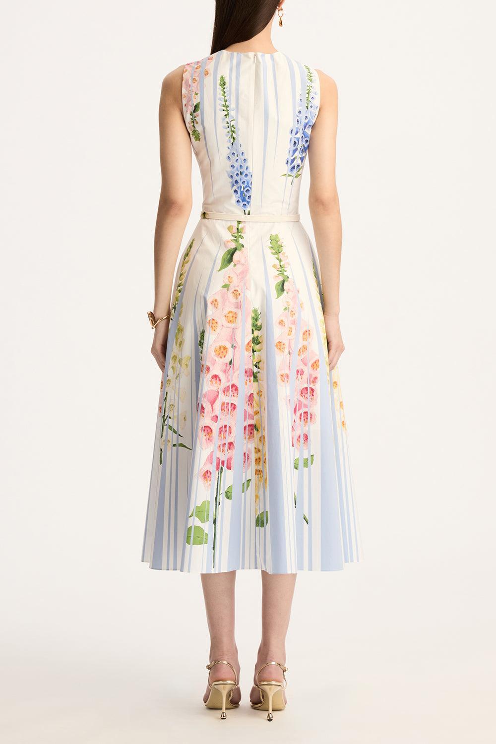 Sleeveless Pleated Foxgloves Midi Dress-LTBLUMLT-2-CLOTHINGDRESSCASUAL-OSCAR DE LA RENTA
