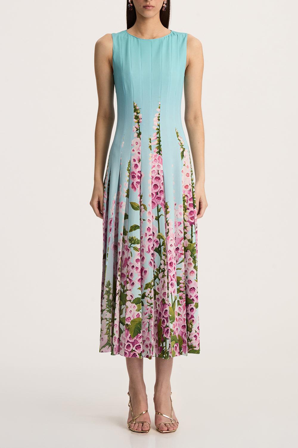 Sleeveless Foxgloves Chiffon Insert Dress-LILC/SKY-4-CLOTHINGDRESSCOCKTAIL-OSCAR DE LA RENTA