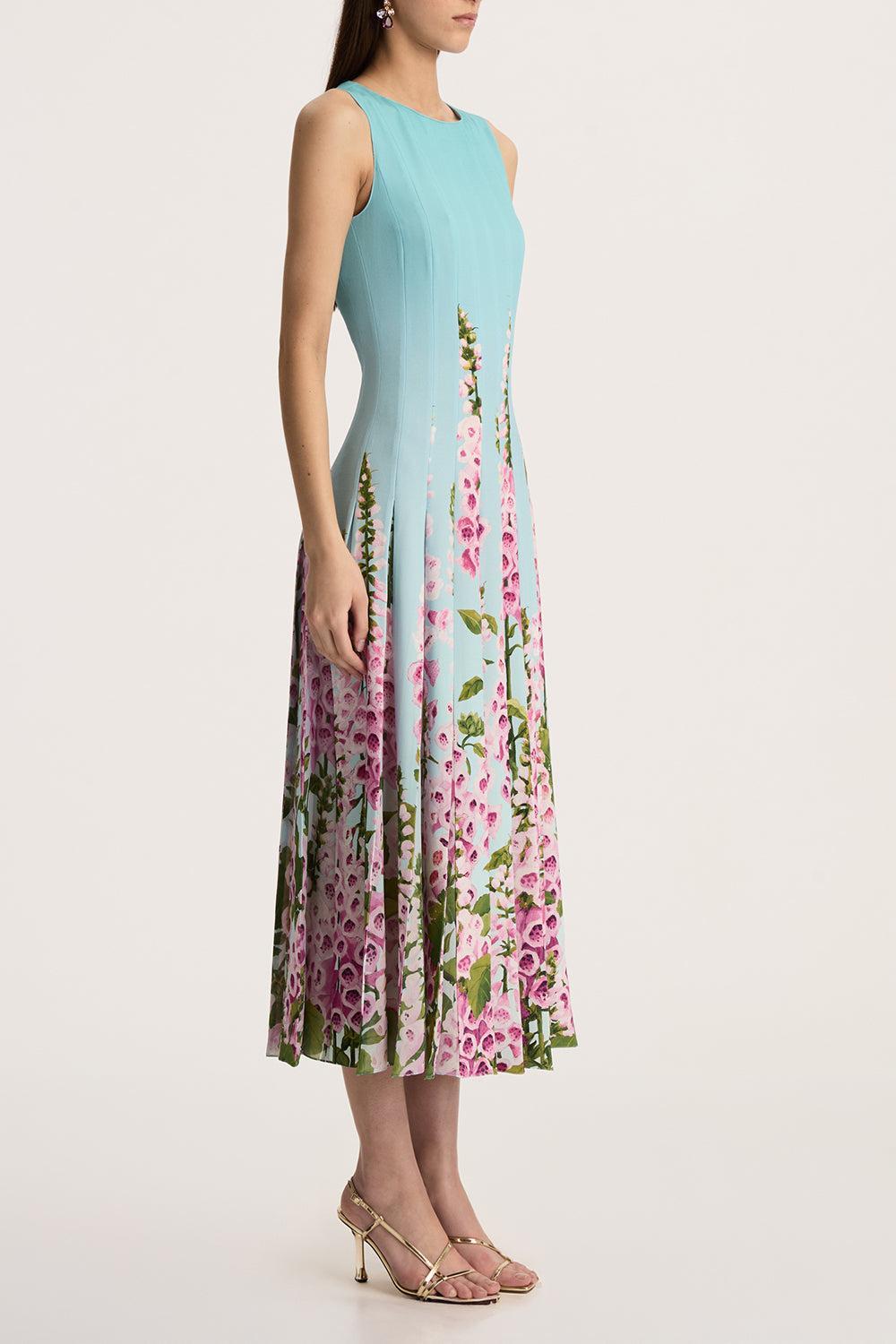Sleeveless Foxgloves Chiffon Insert Dress-LILC/SKY-4-CLOTHINGDRESSCOCKTAIL-OSCAR DE LA RENTA