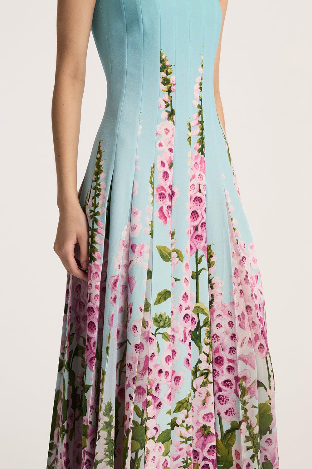 Sleeveless Foxgloves Chiffon Insert Dress-LILC/SKY-4-CLOTHINGDRESSCOCKTAIL-OSCAR DE LA RENTA