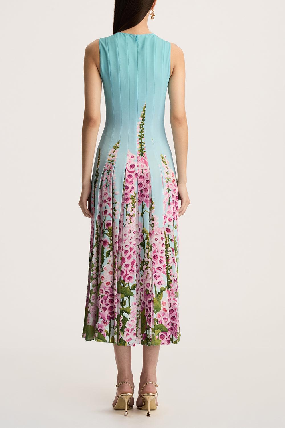 Sleeveless Foxgloves Chiffon Insert Dress-LILC/SKY-4-CLOTHINGDRESSCOCKTAIL-OSCAR DE LA RENTA