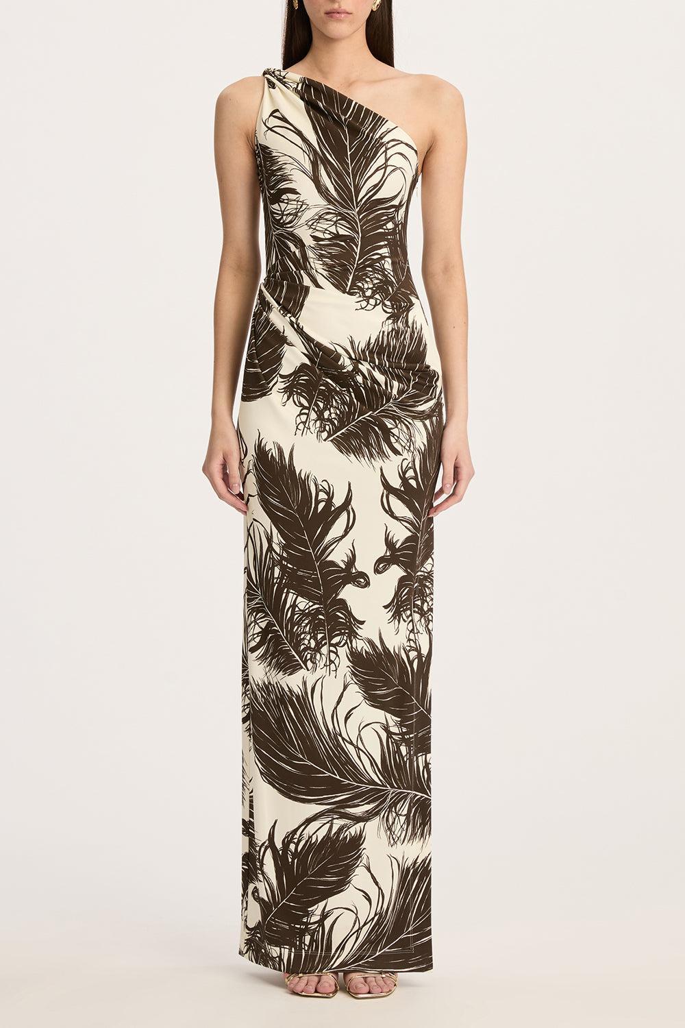 One Shoulder Feather Printed Dress-DKBRNECR-2-CLOTHINGDRESSCASUAL-OSCAR DE LA RENTA