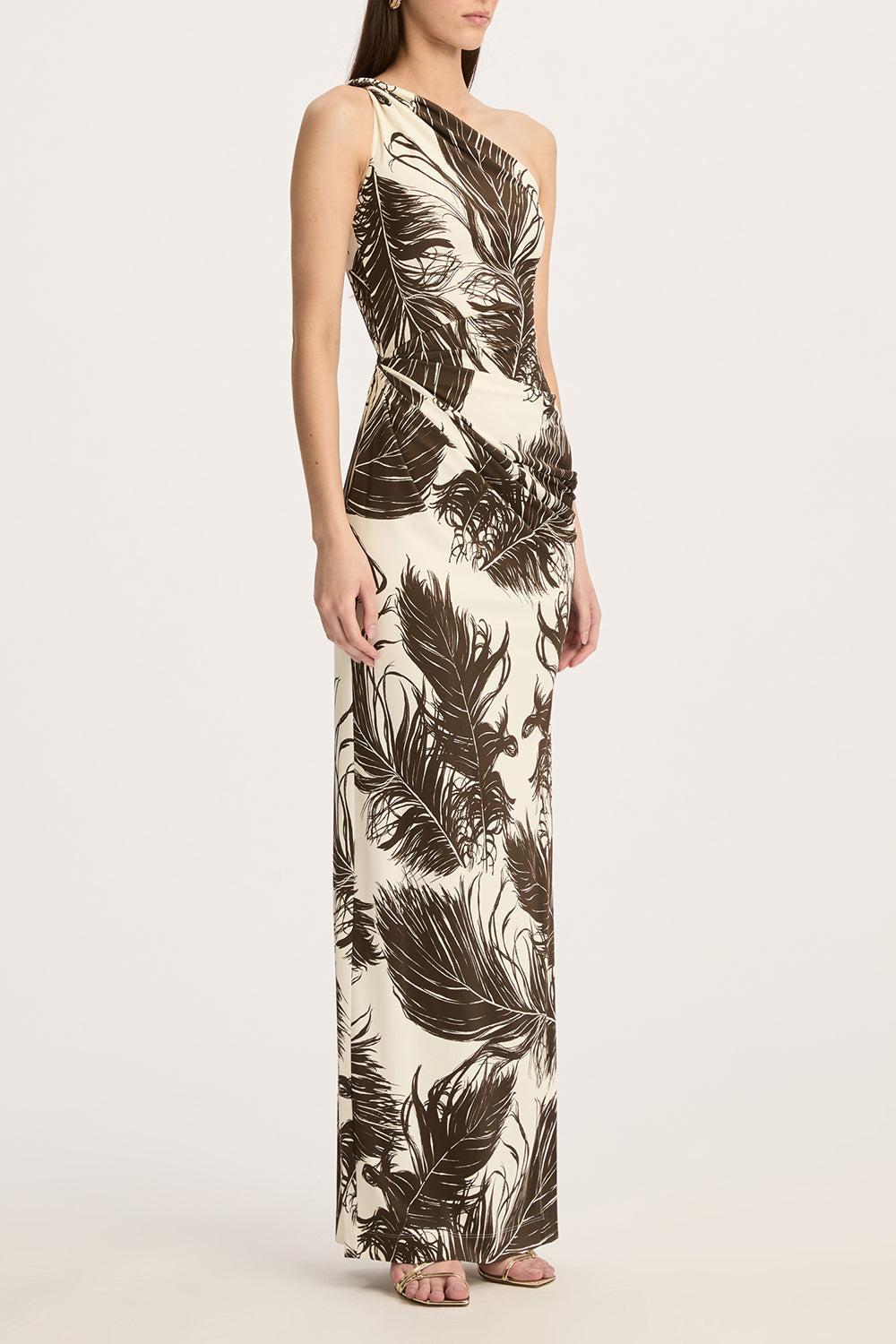 One Shoulder Feather Printed Dress-DKBRNECR-2-CLOTHINGDRESSCASUAL-OSCAR DE LA RENTA