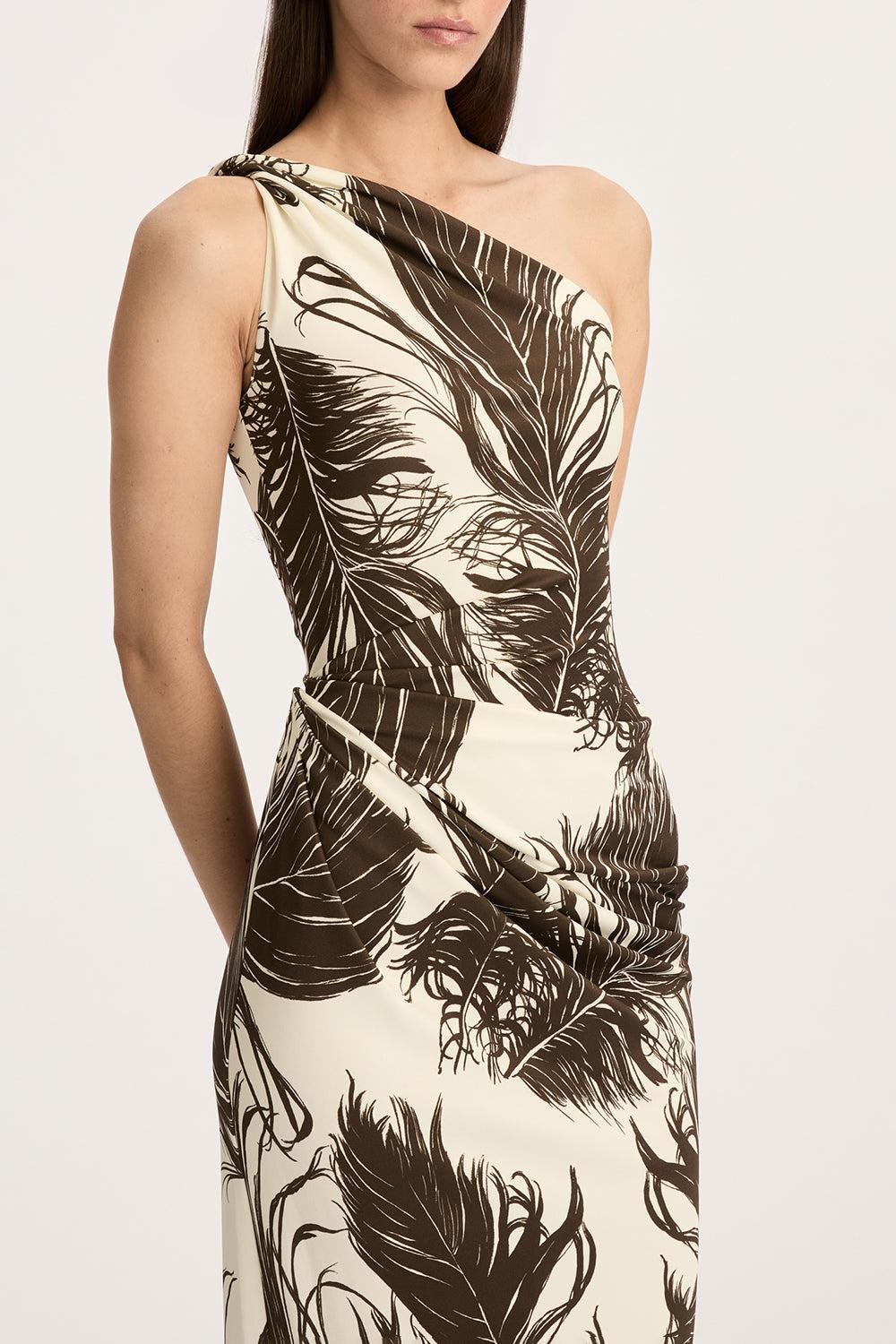 One Shoulder Feather Printed Dress-DKBRNECR-2-CLOTHINGDRESSCASUAL-OSCAR DE LA RENTA