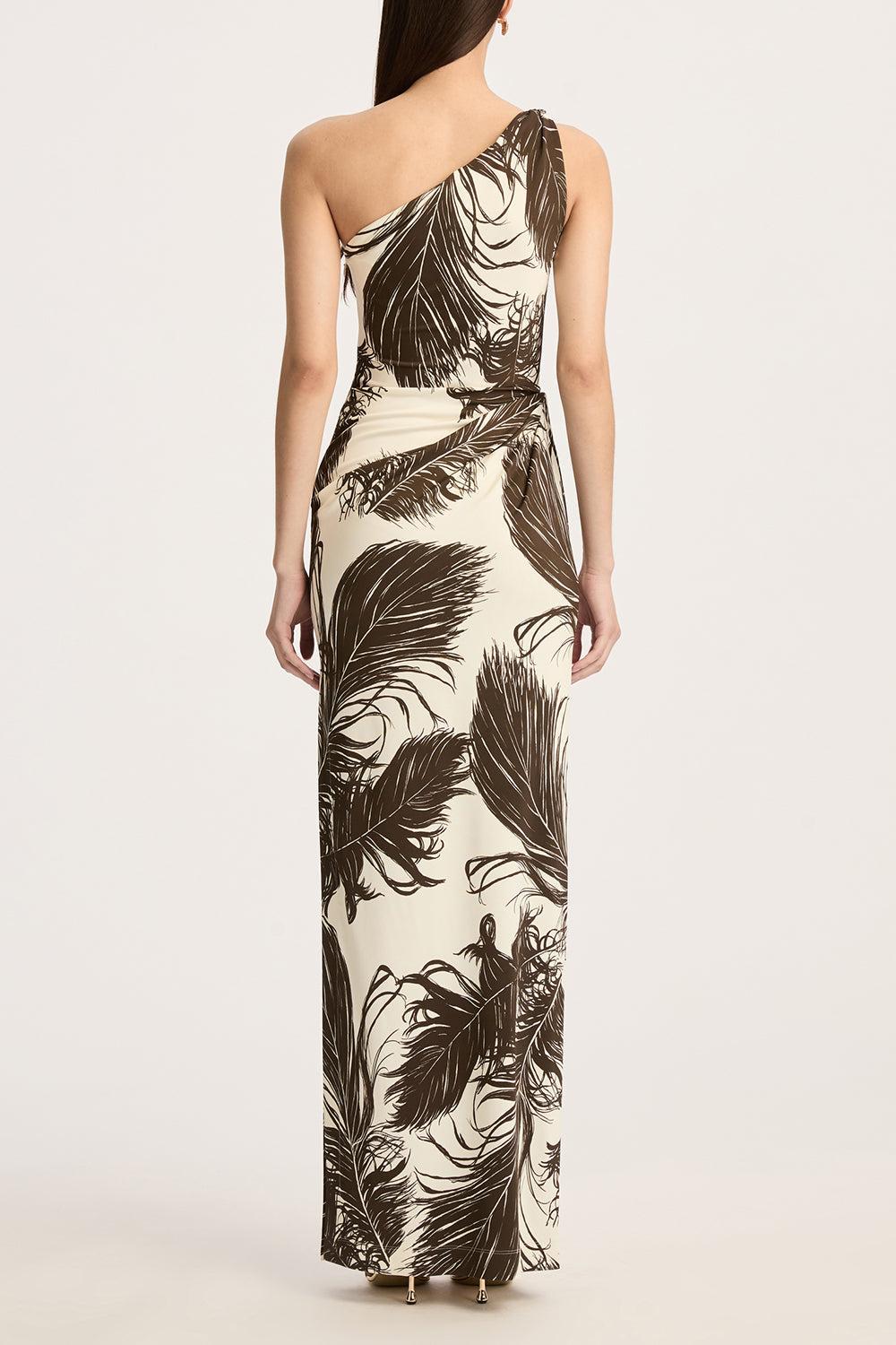 One Shoulder Feather Printed Dress-DKBRNECR-2-CLOTHINGDRESSCASUAL-OSCAR DE LA RENTA