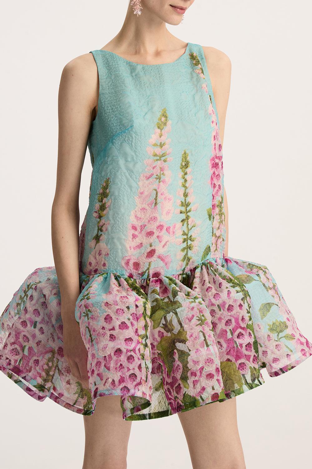 Sleeveless Foxgloves Ombre Dress-LILC/SKY-2-CLOTHINGDRESSCOCKTAIL-OSCAR DE LA RENTA