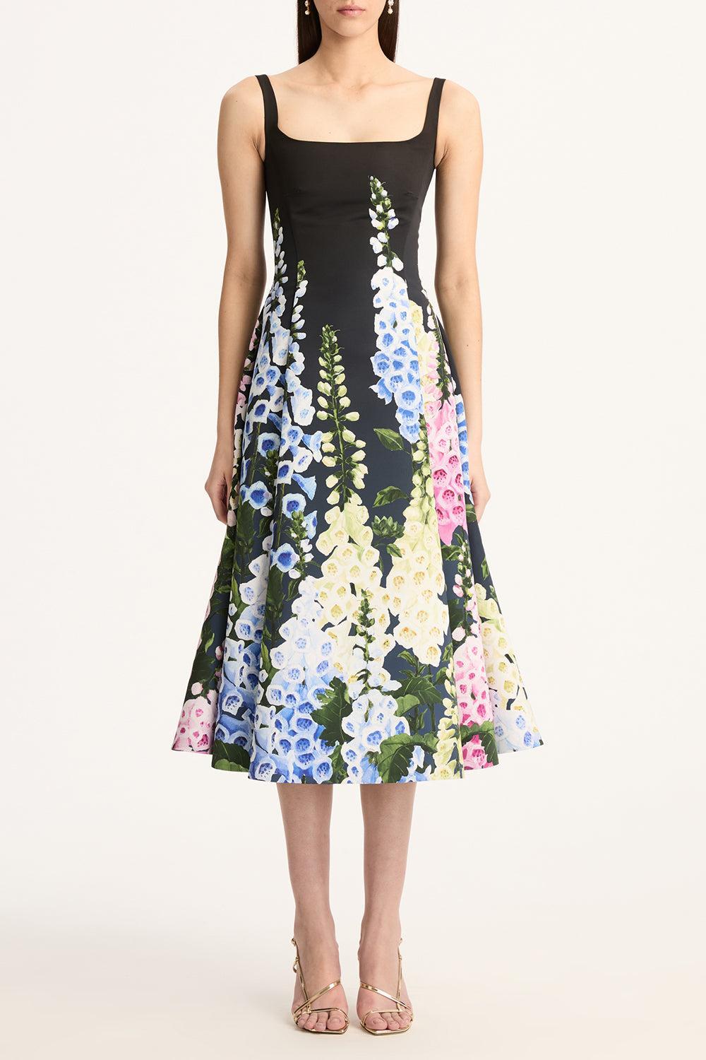 Sleeveless Multi Foxgloves Degradé Cocktail Faille Dress-NAVYMLTI-2-CLOTHINGDRESSCOCKTAIL-OSCAR DE LA RENTA