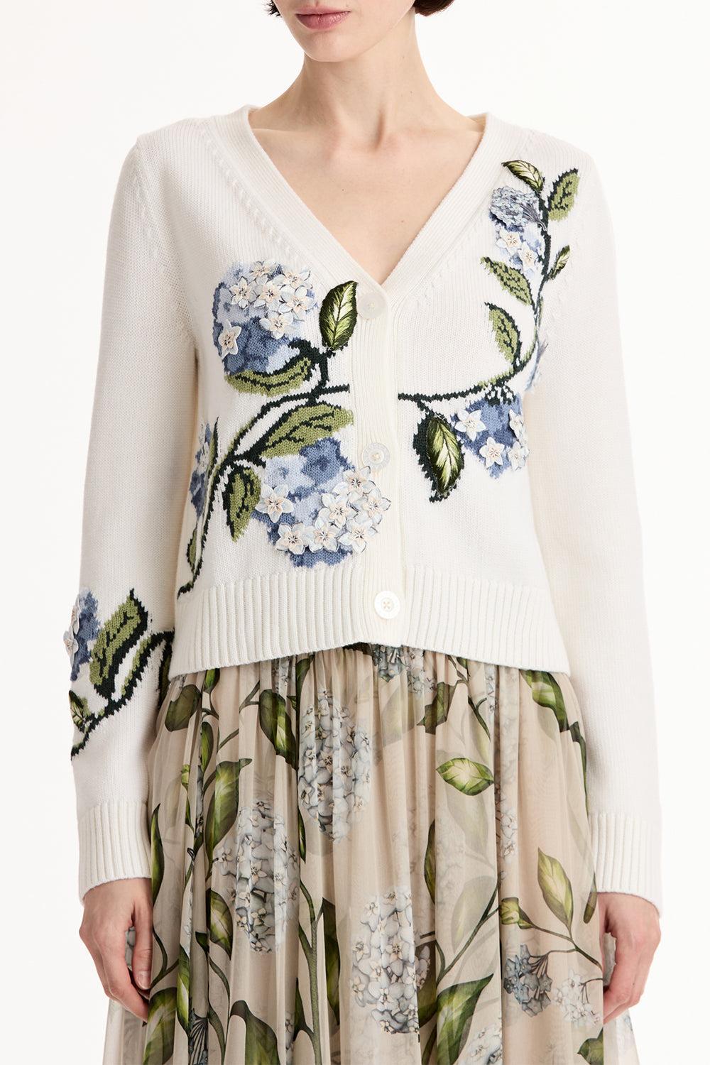 Porcelain Flower V Neck Cardigan-CREAM-XS-CLOTHINGTOPCARDIGAN-OSCAR DE LA RENTA