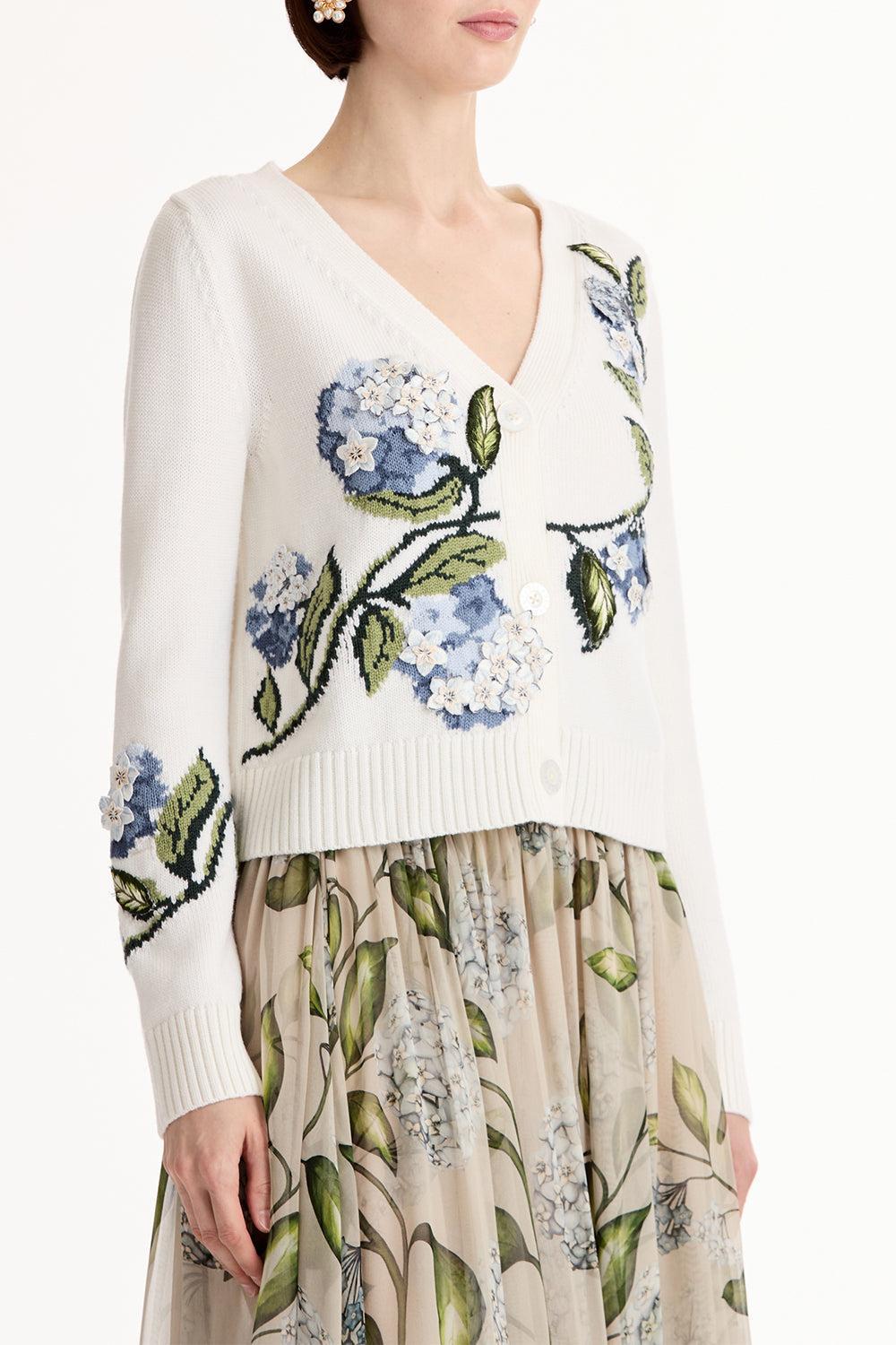 Porcelain Flower V Neck Cardigan-CREAM-XS-CLOTHINGTOPCARDIGAN-OSCAR DE LA RENTA
