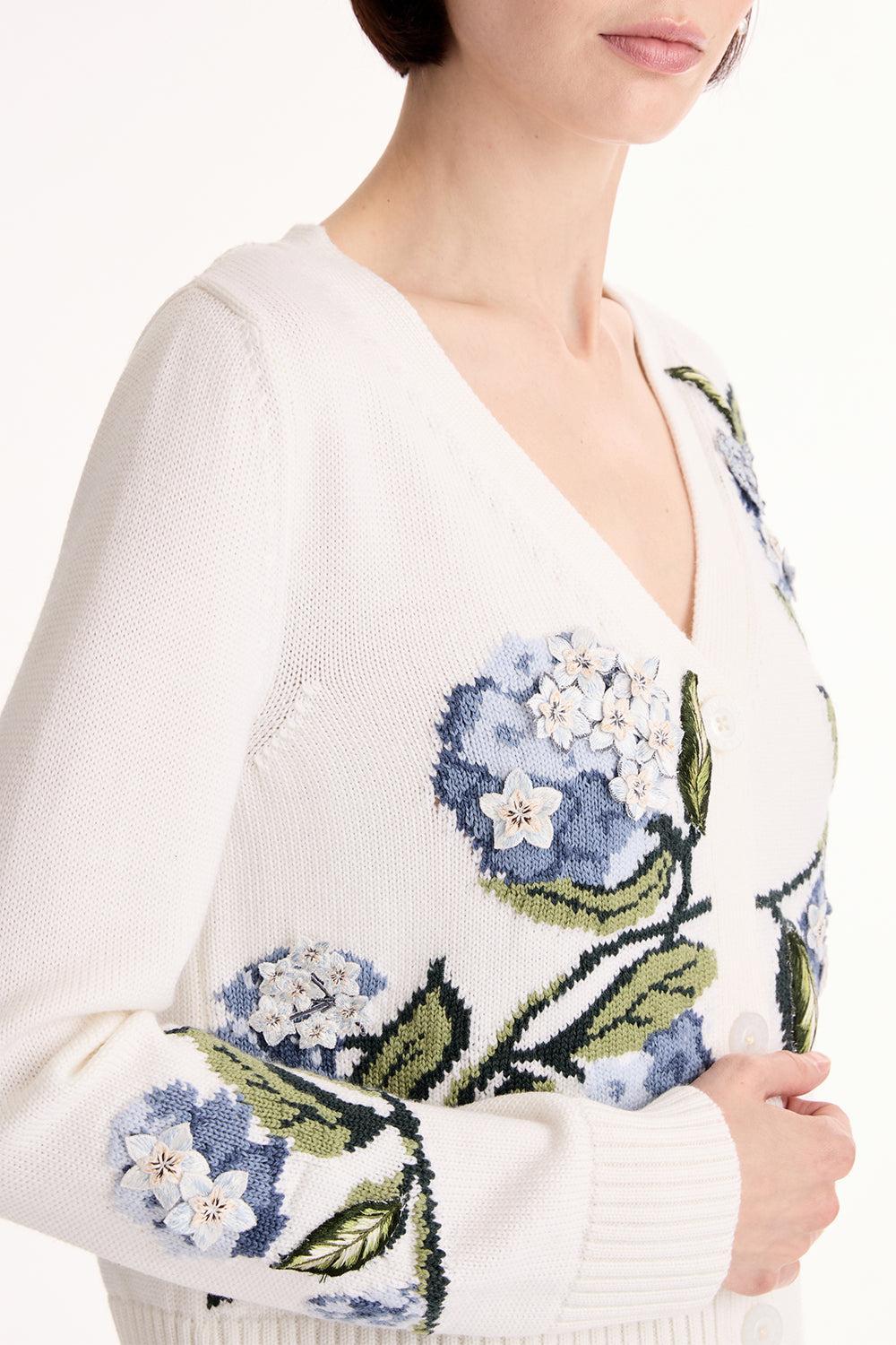 Porcelain Flower V Neck Cardigan-CREAM-XS-CLOTHINGTOPCARDIGAN-OSCAR DE LA RENTA
