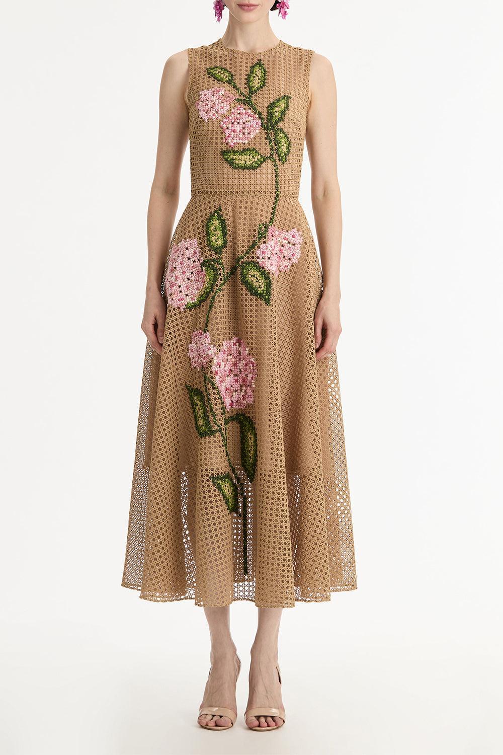 Stretch Embroidered Day Dress-BROWN-4-CLOTHINGDRESSCASUAL-OSCAR DE LA RENTA