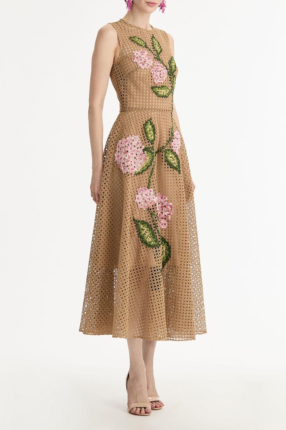Stretch Embroidered Day Dress-BROWN-4-CLOTHINGDRESSCASUAL-OSCAR DE LA RENTA
