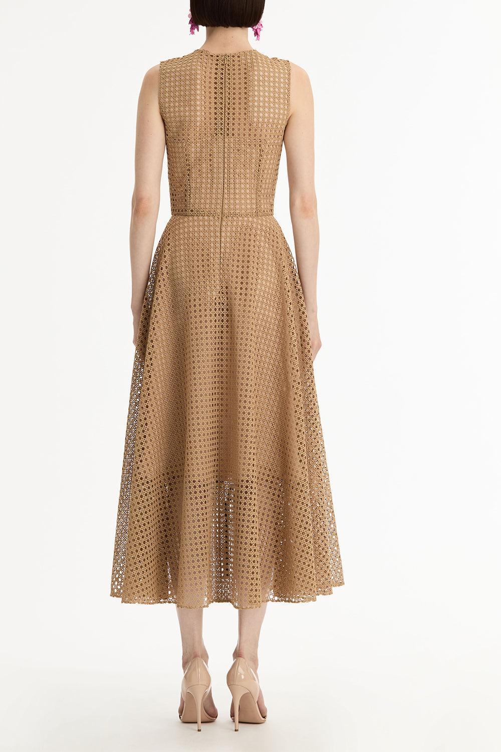 Stretch Embroidered Day Dress-BROWN-4-CLOTHINGDRESSCASUAL-OSCAR DE LA RENTA