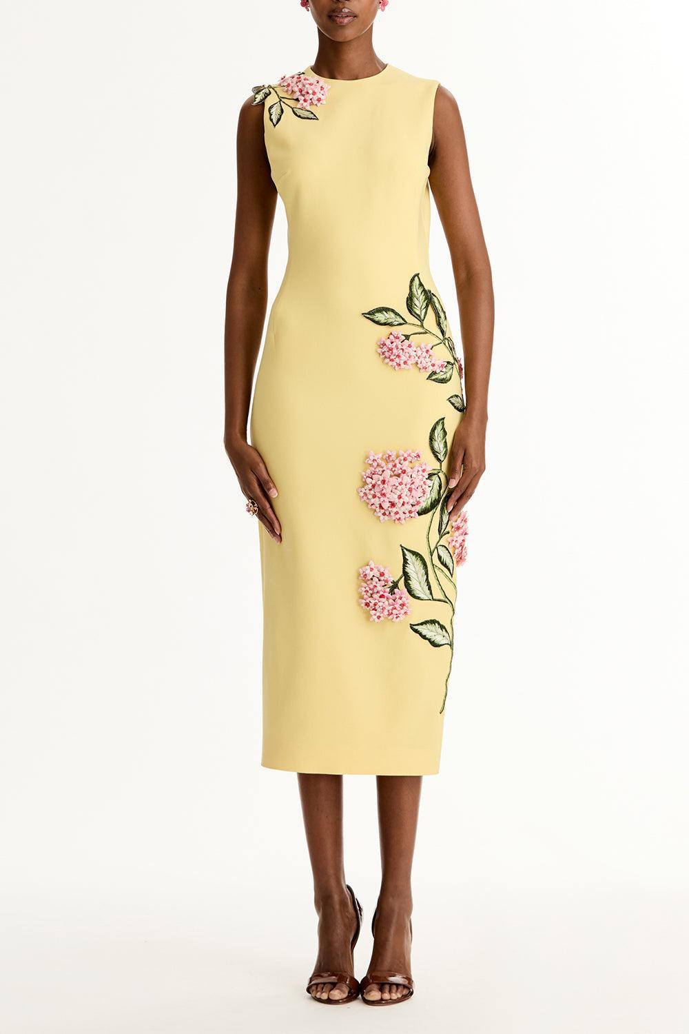 Sleeveless Porcelain Flowers Embroidered Dress-YELLOW-6-CLOTHINGDRESSCASUAL-OSCAR DE LA RENTA