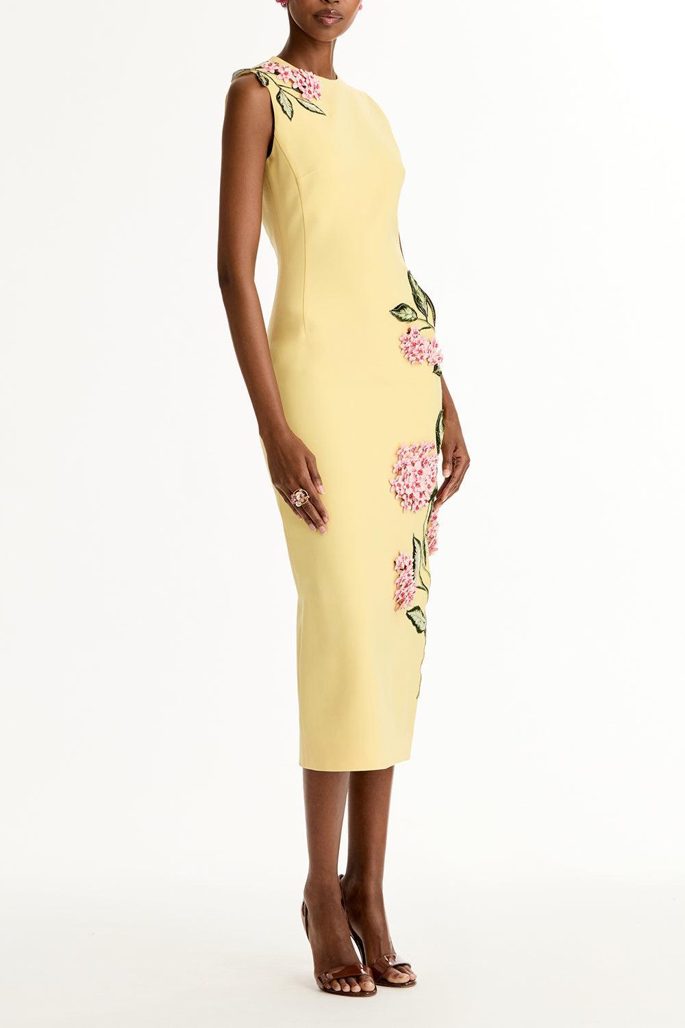 Sleeveless Porcelain Flowers Embroidered Dress-YELLOW-6-CLOTHINGDRESSCASUAL-OSCAR DE LA RENTA