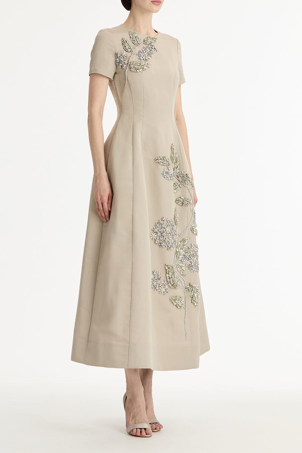 Crystal Flower Embroidered Dress-BROWN-6-CLOTHINGDRESSCOCKTAIL-OSCAR DE LA RENTA