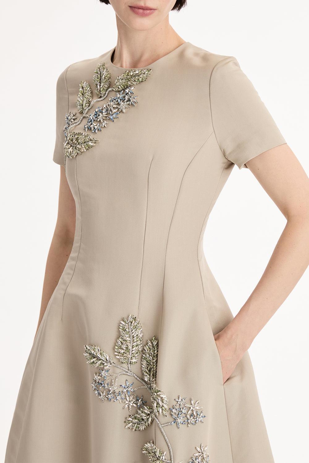 Crystal Flower Embroidered Dress-BROWN-6-CLOTHINGDRESSCOCKTAIL-OSCAR DE LA RENTA