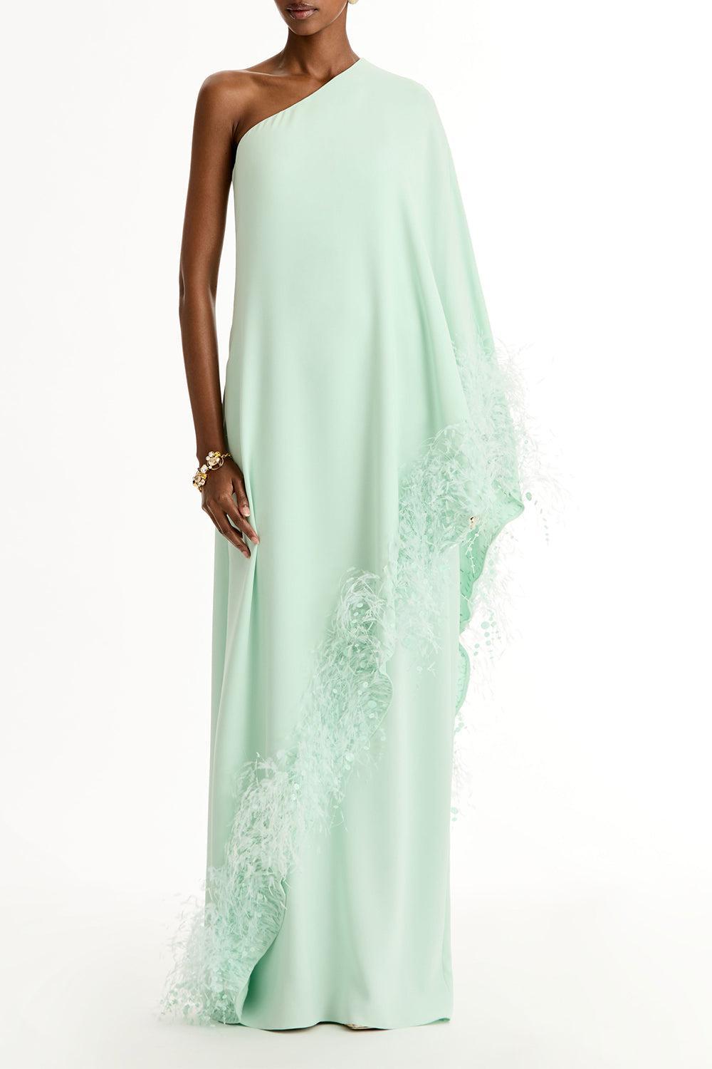 One Shoulder Dramatic Point D'esprit Caftan-GREEN-M-CLOTHINGDRESSCOCKTAIL-OSCAR DE LA RENTA