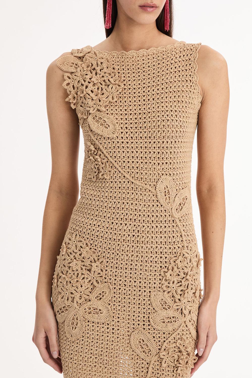 Porcelain Flower Motif Crochet Dress-BROWN-XS-CLOTHINGDRESSCASUAL-OSCAR DE LA RENTA