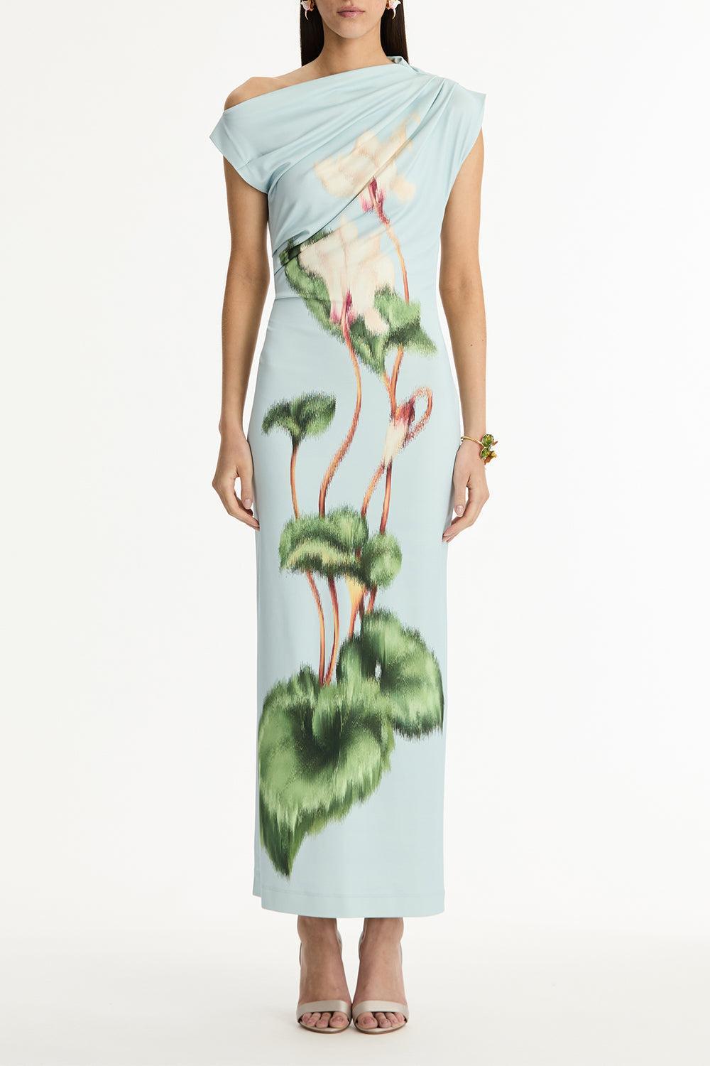 Cyclamen Drape Detail Dress-FLORAL-2-CLOTHINGDRESSCASUAL-OSCAR DE LA RENTA