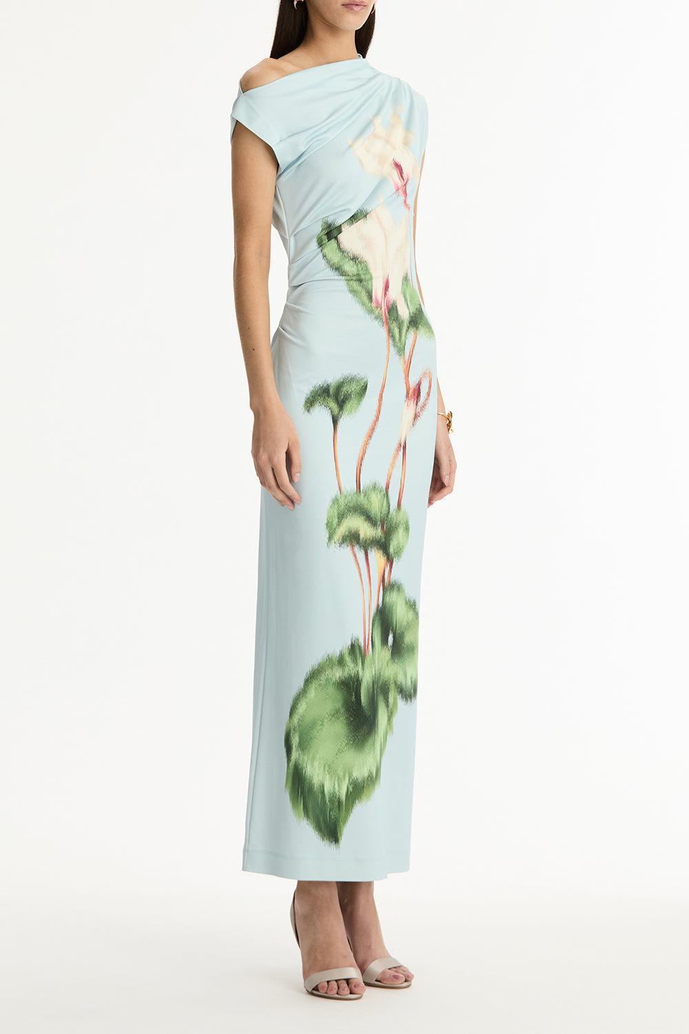 Cyclamen Drape Detail Dress-FLORAL-2-CLOTHINGDRESSCASUAL-OSCAR DE LA RENTA