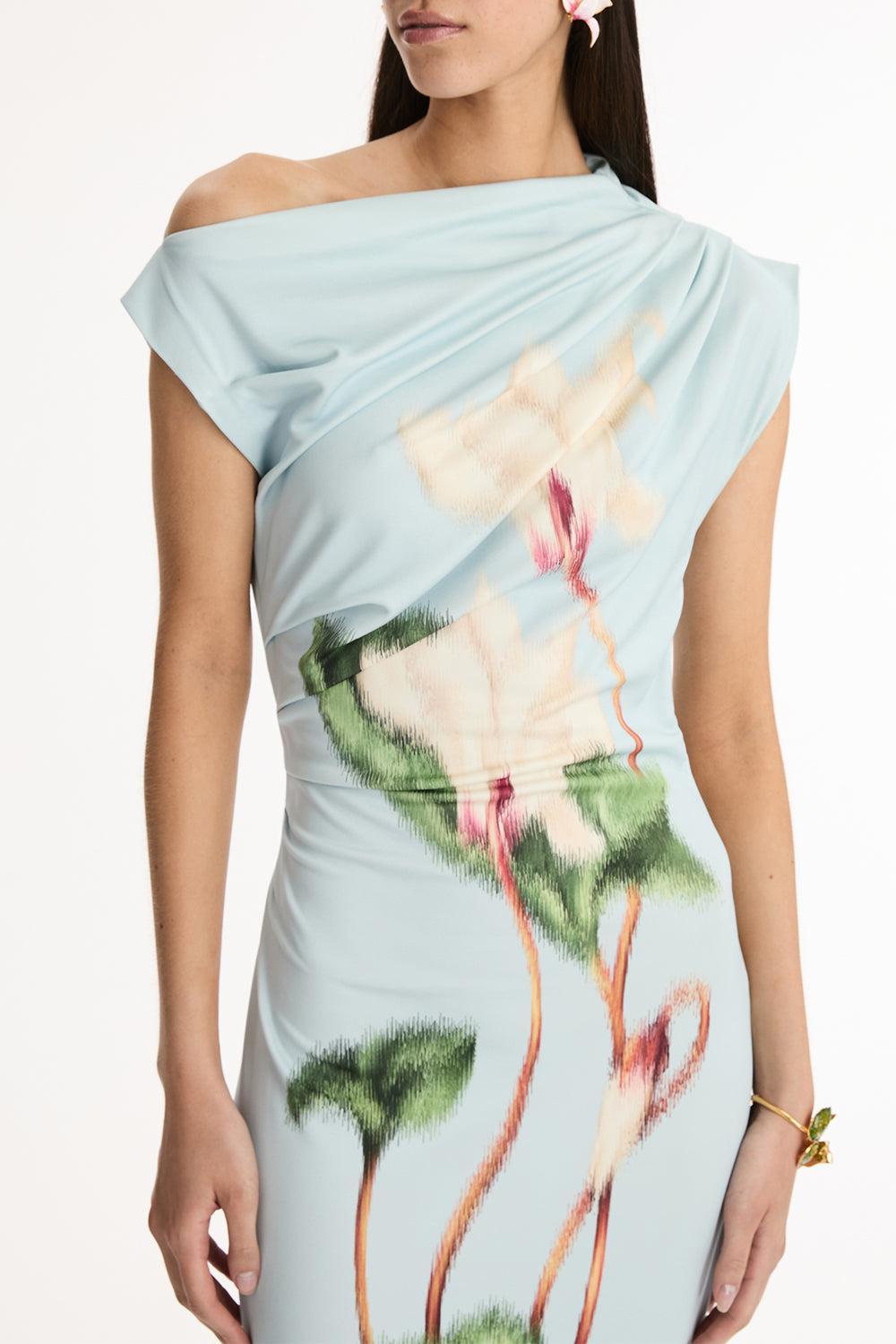 Cyclamen Drape Detail Dress-FLORAL-2-CLOTHINGDRESSCASUAL-OSCAR DE LA RENTA