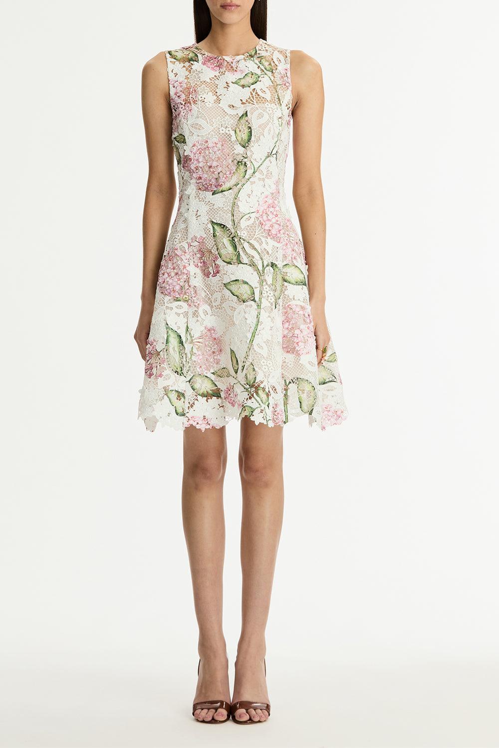 Sleeveless Porcelain Flower Day Dress-FLORAL-2-CLOTHINGDRESSCASUAL-OSCAR DE LA RENTA