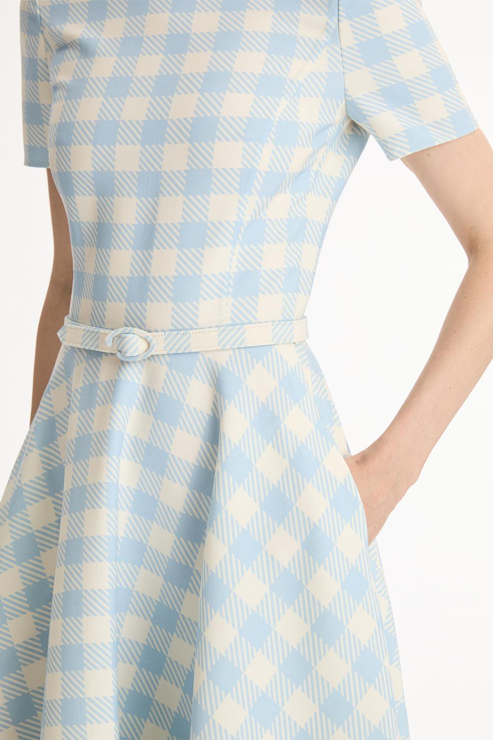 Short Sleeve Plaid Day Dress-GEOMETRC-6-CLOTHINGDRESSCASUAL-OSCAR DE LA RENTA