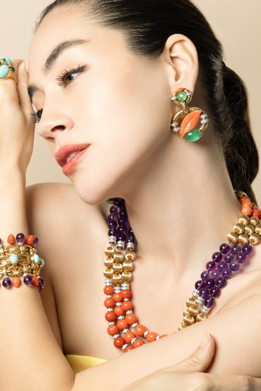 Emerald and Coral Leaf Earrings-YELLOW GOLD-JEWELRYFINE JEWELEARRING-DAVID WEBB
