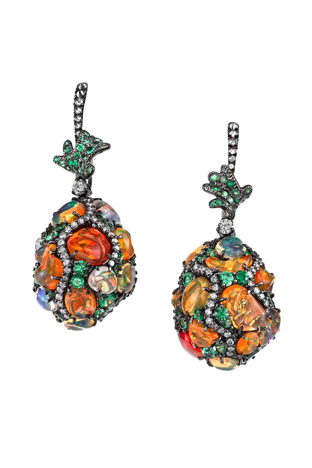 Fire Opal Tsavorite Diamond Egg Earrings