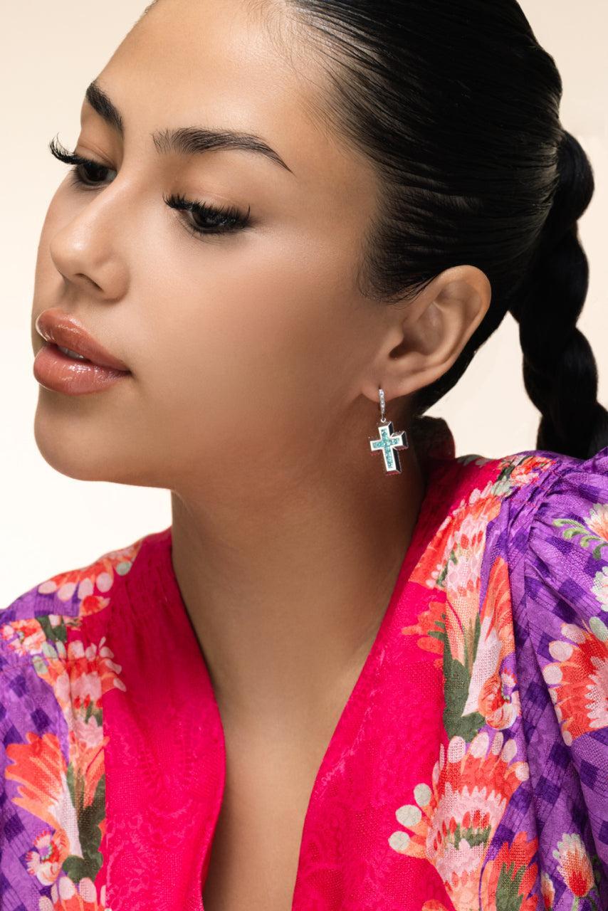 Paraiba Diamond Cross Earrings-WHITE GOLD-JEWELRYFINE JEWELEARRING-ARUNASHI